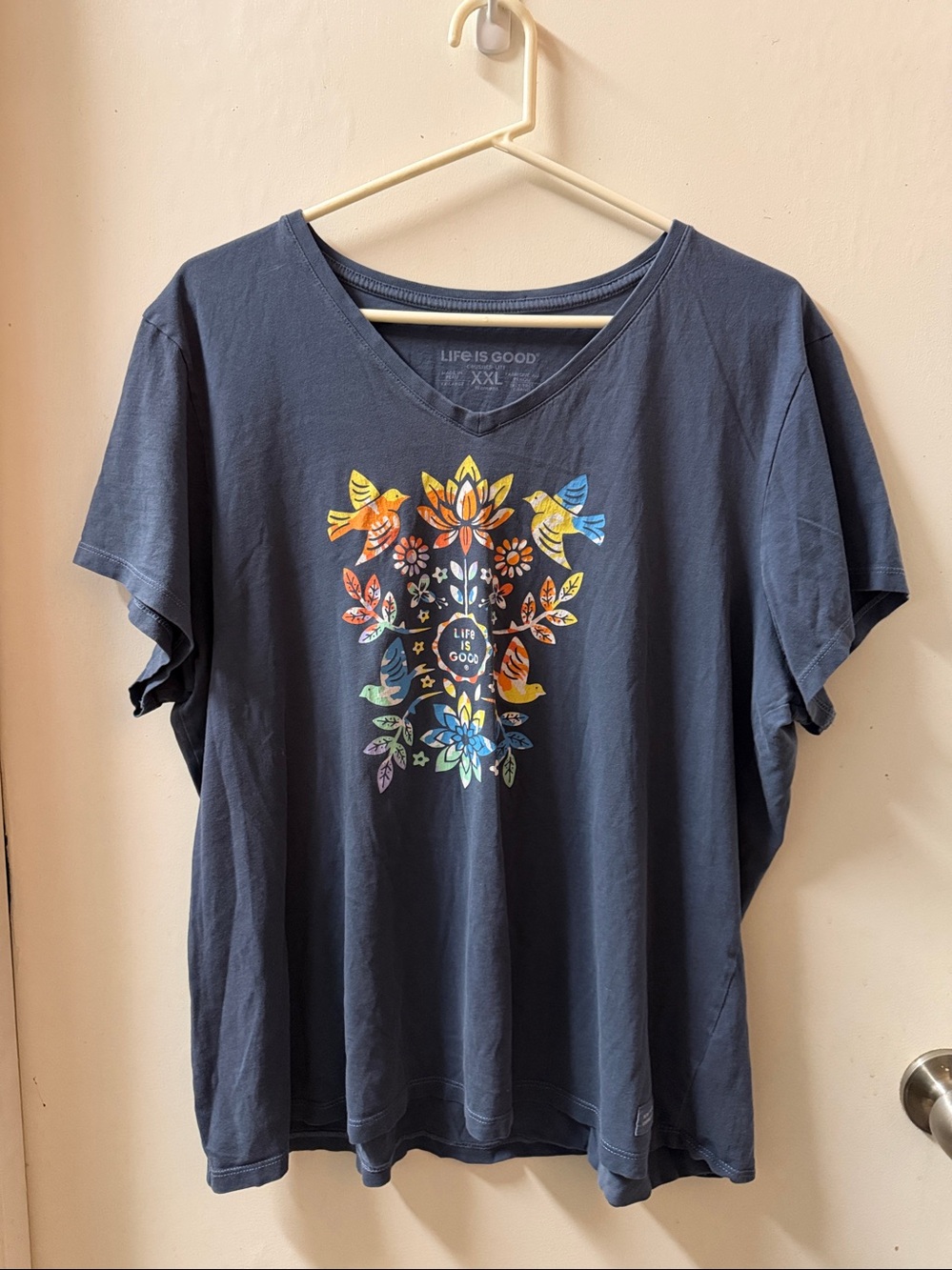 Life Is Good Navy V-Neck Short Sleeve Tee with Colorful Floral & Bird Graphic